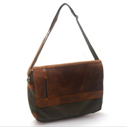 Сумка чоловіча Zoo-hunt Канвас хакі Крейзі шкіра Італія коньяк 11235