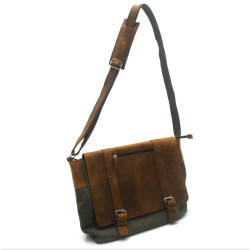 Сумка чоловіча з пряжками Zoo-hunt Канвас хакі Крейзі шкіра Італія коньяк 11236