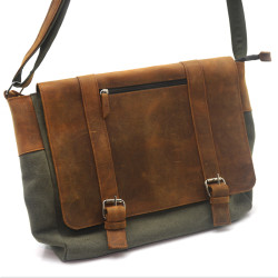 Сумка чоловіча з пряжками Zoo-hunt Канвас хакі Крейзі шкіра Італія коньяк 11236