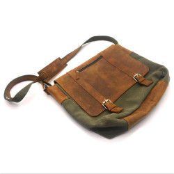 Сумка чоловіча з пряжками Zoo-hunt Канвас хакі Крейзі шкіра Італія коньяк 11236